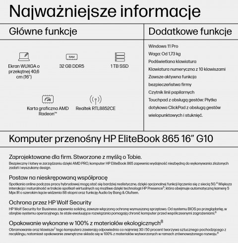 HP EliteBook 865 G10 Ryzen 9 Pro 7940HS 16"WUXGA IPS 1000nits AG 32GB DDR5 SSD1TB Radeon 780M 76Wh W11Pro - Galeria zdjęcie 17