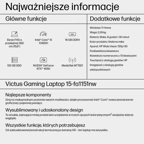 HP Victus 15-fa1151nw i5-13420H 15,6"FHD AG IPS 144Hz 16GB SSD512 RTX 4050_6GB BLKB 70Wh Win11 2Y Mica Silver - Galeria zdjęcie 4