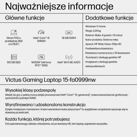 HP Victus 15-fa0999nw i5-12450H 15,6"FHD AG IPS 144Hz 16GB SSD512 RTX 3050_4GB BLKB 70Wh Win11 2Y Mica Silver - Galeria zdjęcie 4